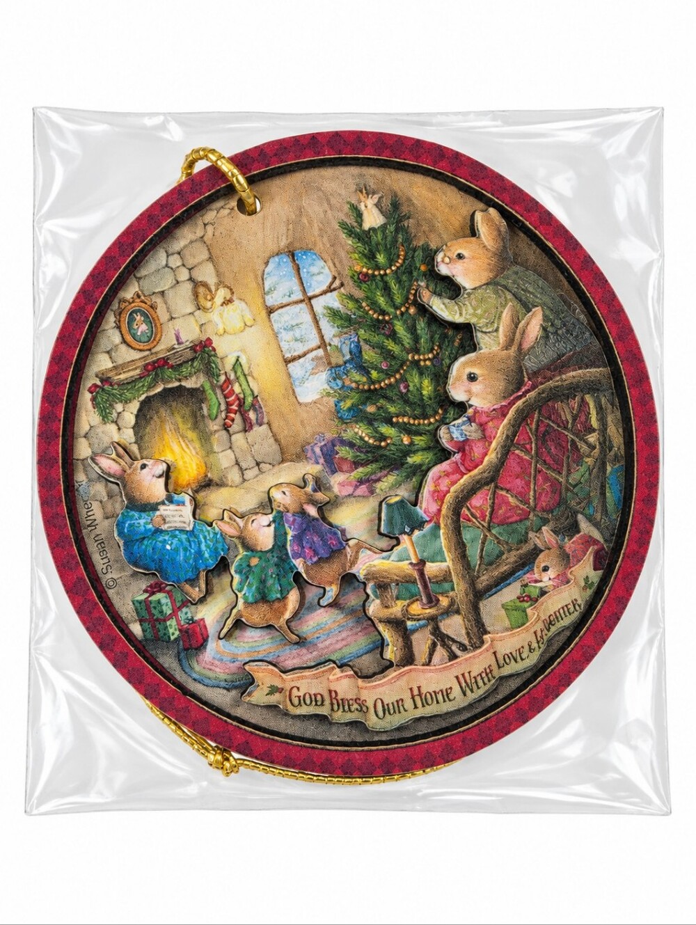 Susan Wheeler Christmas Ornament God Bless Our Home Rabbits Vintage Style